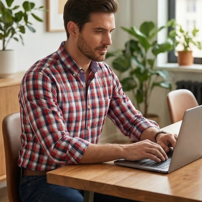 Homem com camisa xadrez a usar portátil sobre mesa de madeira num escritório moderno.