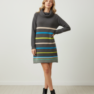 Vestido de malha cinza com riscas coloridas e botins pretos