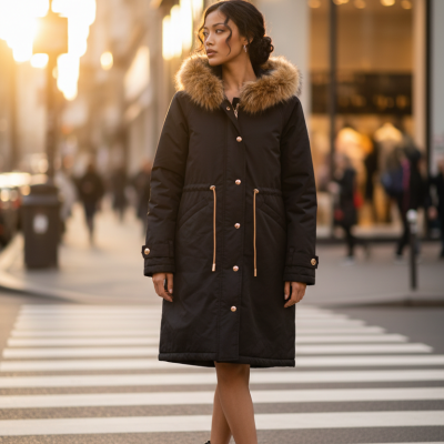 Mulher com casaco preto e capuz de pelo numa passadeira avançando numa rua da cidade