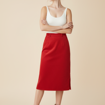 Mulher vestindo saia lápis vermelha, top branco e botas bege em fundo bege