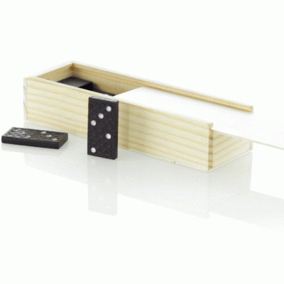 Conjunto de dominós pretos com caixa de madeira clara.