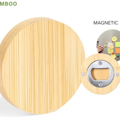 Disco redondo de bambu com parte metálica para função magnética e abridor