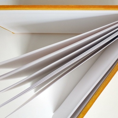 Livro aberto com capa dura mostarda e páginas brancas