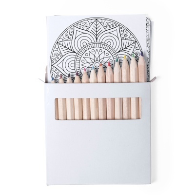 Conjunto de lápis de cor em caixa branca com desenhos de mandala para colorir