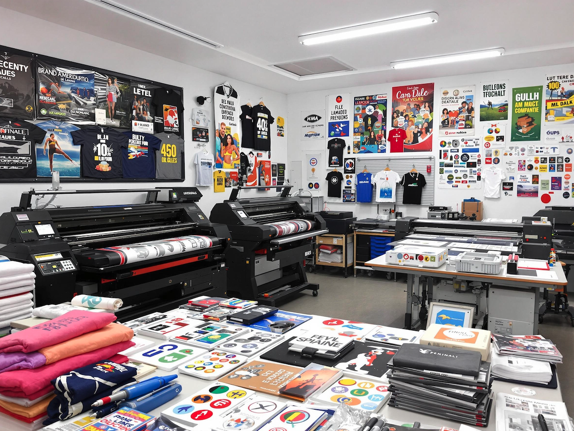 Sala de impressão com máquinas grandes, t-shirts penduradas coloridas e vários produtos gráficos sobre mesas e paredes
