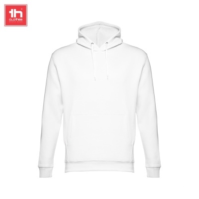 Sweatshirt com capuz branco com bolso canguru e punhos canelados.