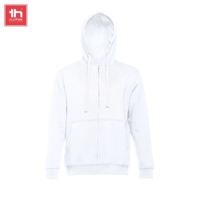 Casaco com capuz branco com fecho de correr e bolsos frontais