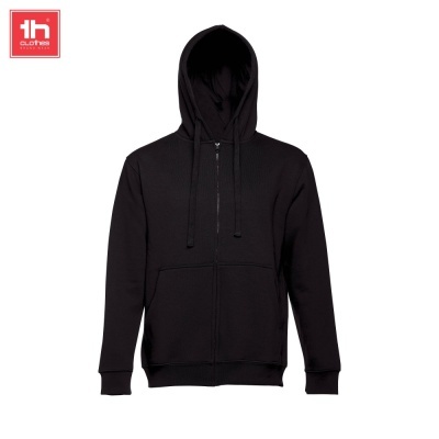 Casaco com capuz preto com fecho de correr e bolsos frontais