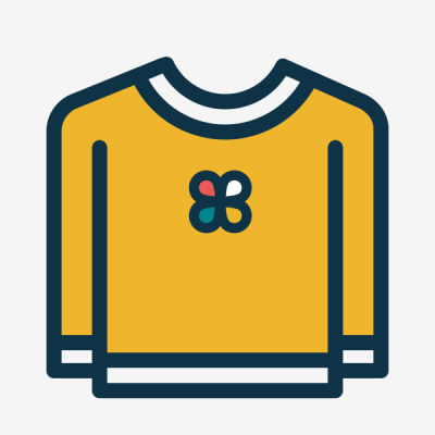 Camisola amarela com gola, punhos e base brancos e símbolo colorido no peito