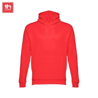Camisola com capuz vermelha lisa com bolso canguru e cordões no capuz.