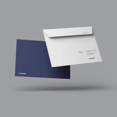 Dois envelopes, um azul escuro e outro branco com texto impresso
