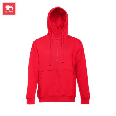 Casaco vermelho com capuz e fecho de correr