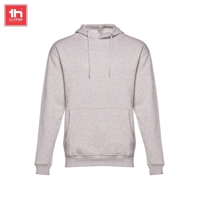 Sweatshirt cinza clara com capuz e bolso frontal em fundo branco