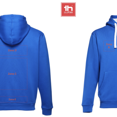 Casaco de capuz azul com cordão branco e áreas destacadas para impressão