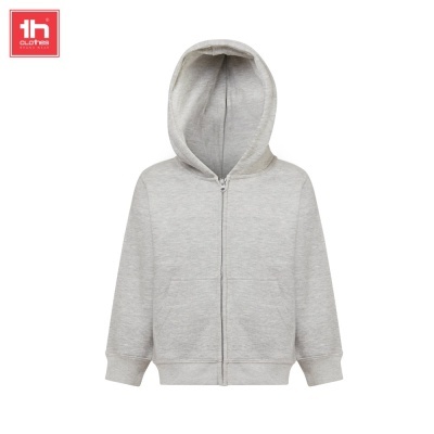 Camisola cinzenta clara com capuz e fecho de correr frontal