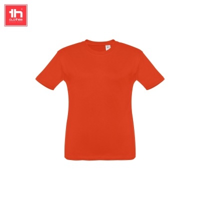 T-shirt laranja de algodão com gola redonda e etiqueta visível.