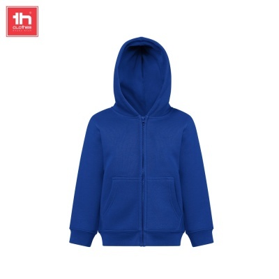 Casaco azul com capuz para criança, fecho de correr e bolsos frontais