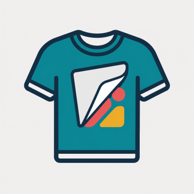 Ilustração de t-shirt azul com etiqueta destacável e formas geométricas coloridas