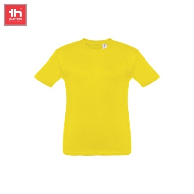 T-shirt amarela de manga curta com gola redonda e etiqueta interna, fundo branco