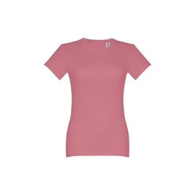 Camiseta feminina rosa de manga curta com gola redonda