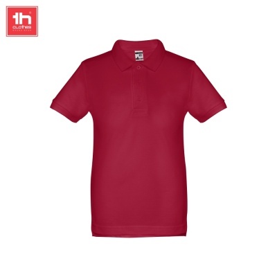Polo vermelho unissexo com gola e botões, logótipo 1b CLOTHES no canto superior esquerdo