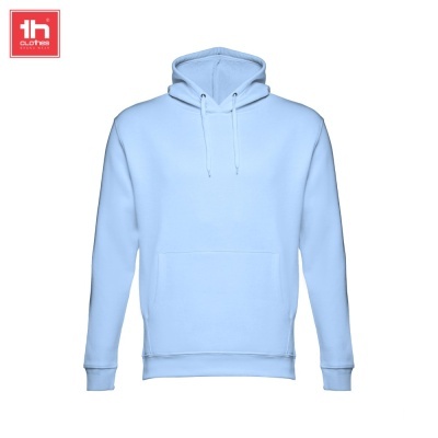 Casaco com capuz azul claro com bolso canguru e cordões no capuz