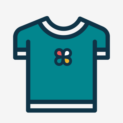 t-shirt azul turquesa com desenho de quatro folhas coloridas