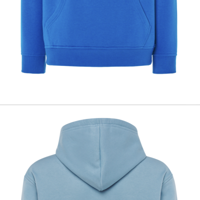 Dois hoodies azuis com zonas demarcadas para impressão ou personalização.