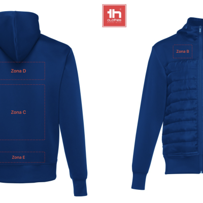 Casaco azul escuro com capuz e zonas de personalização marcadas em vermelho