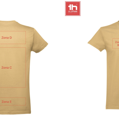 T-shirt bege com zonas demarcadas para personalização, vista frente e costas