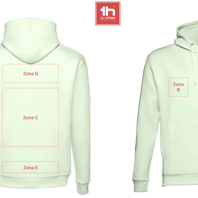 Hoodie branco com capuz mostrado de frente e de costas com zonas rotuladas para personalização.