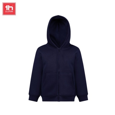 Camisola de capuz azul escuro com fecho zip e bolsos