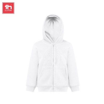 Casaco com capuz branco para criança com fecho de zíper e bolso canguru