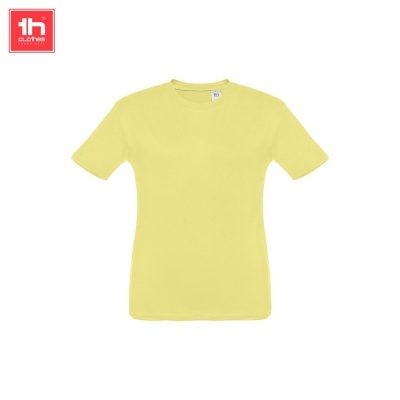 T-shirt feminina amarelo claro com gola redonda e etiqueta interior