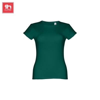 T-shirt feminina verde escuro de manga curta com etiqueta branca