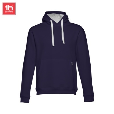 Sweatshirt com capuz azul escuro e cordões brancos