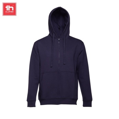 Casaco com capuz azul escuro com fecho e bolsos canguru