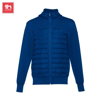 Casaco azul de homem com fecho e tecido acolchoado frontal