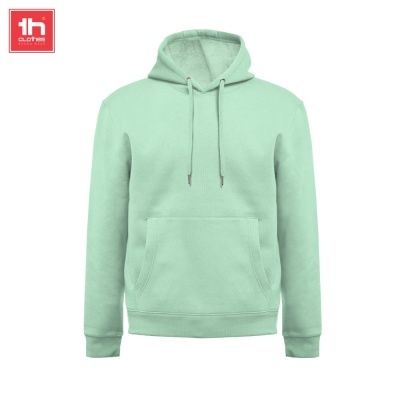 Sweatshirt com capuz verde menta com bolso canguru e cordões, fondo branco