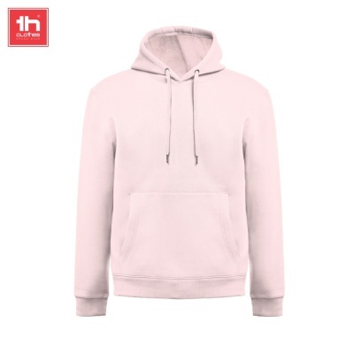 Sweatshirt com capuz rosa clara e bolso frontal em fundo branco