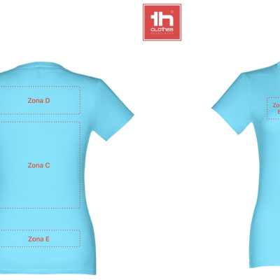 Camisetas femininas azuis claras com zonas delimitadas para personalização à frente e atrás