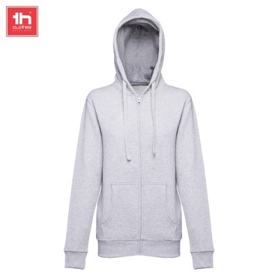 Casaco cinza claro com capuz e fecho de correr frontal