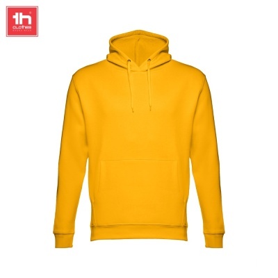 Sweatshirt com capuz amarelo sólido com bolso canguru, fundo branco, logo 1b CLOTHING