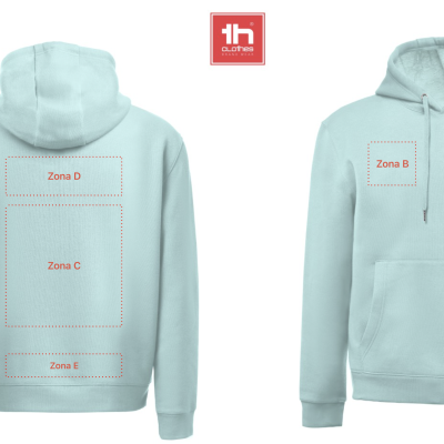 Hoodie azul claro com zonas de personalização indicadas em vermelho