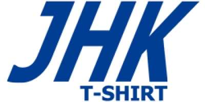 Logótipo azul JHK com texto T-SHIRT em fundo branco