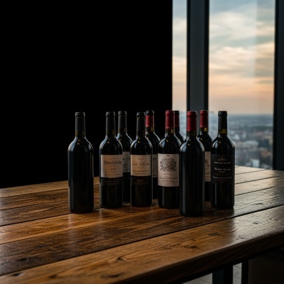 Sete garrafas de vinho em mesa de madeira junto a janela com vista urbana ao pôr do sol