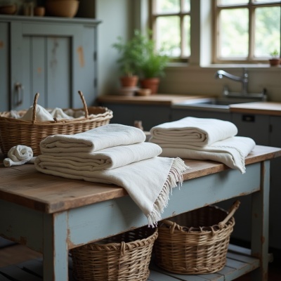 Toalhas claras dobradas em mesa de madeira numa cozinha com cestos e plantas