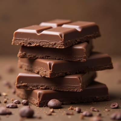 Pedaços de chocolate ao leite empilhados com grãos de cacau ao redor