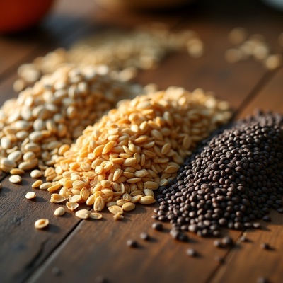 Três montes de sementes em madeira