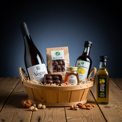 Cesto de presentes com vinho branco, amêndoas, mel, sumo de limão e azeite em superfície de madeira